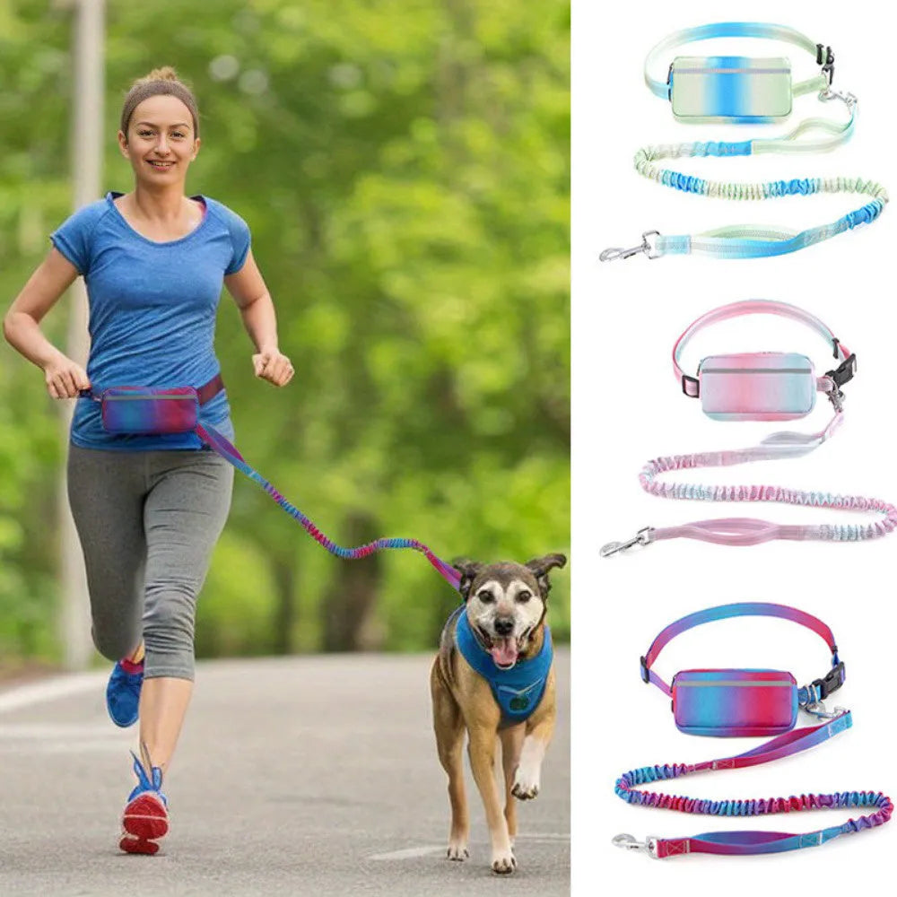 Adjustable hands-free dog leash with waist belt and 120-183cm polyester traction rope in blue