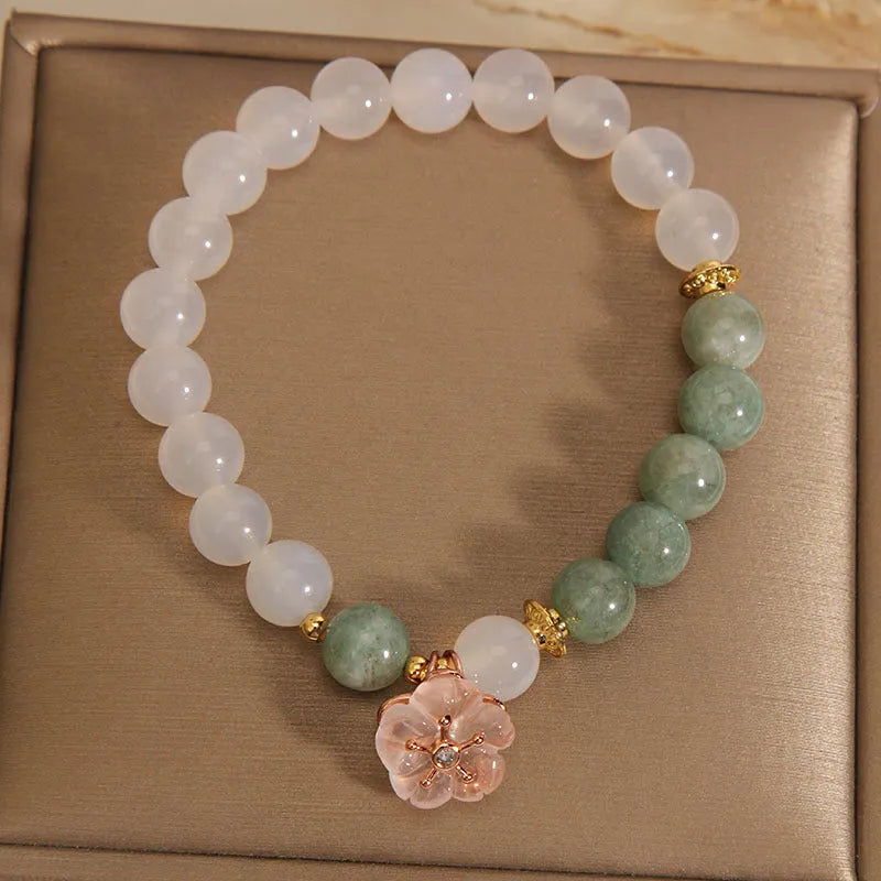 White agate jadeite jade flower pink floral bracelet with natural jade flower-shaped components
