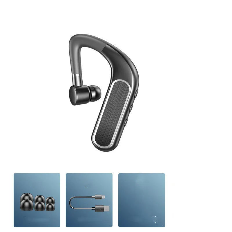 Black Bluetooth hanging-ear earphones for sports, shown with charging case and spare ear caps.