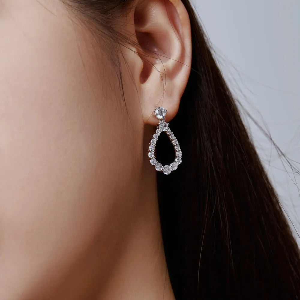 925 silver hollow zircon water drop earrings with platinum electroplate finish, 15 x 28.5mm