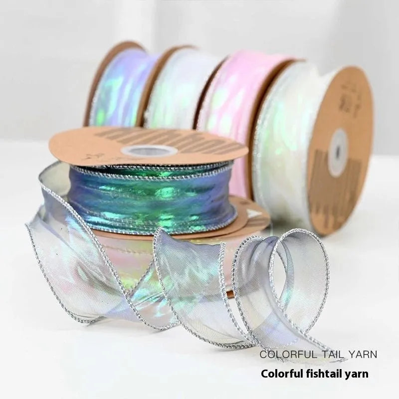 Roll of 4cm wide colourful mesh fishtail yarn ribbon for floral DIY and crafts