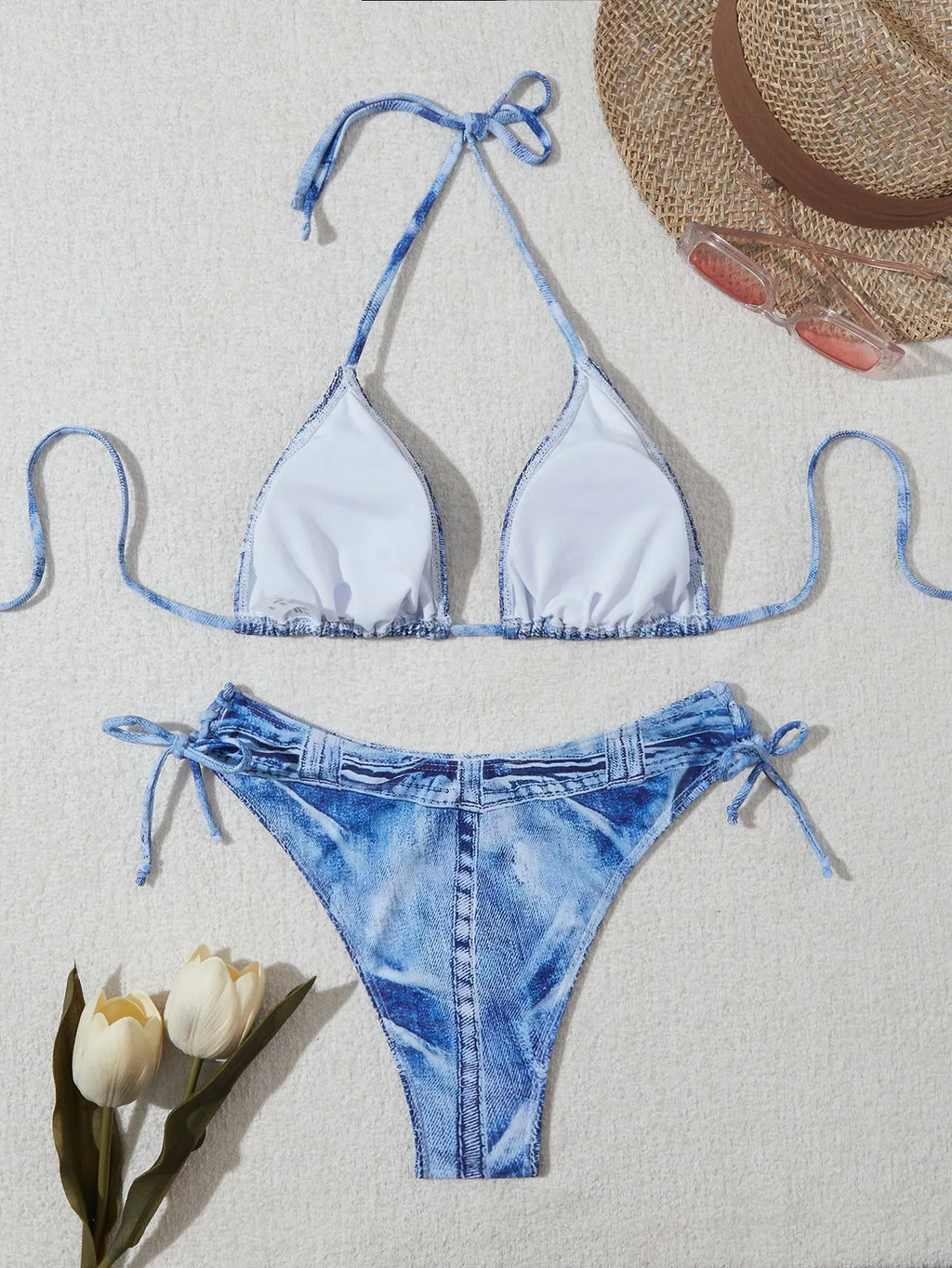 Women's denim blue printed bikini suit with strap detailing