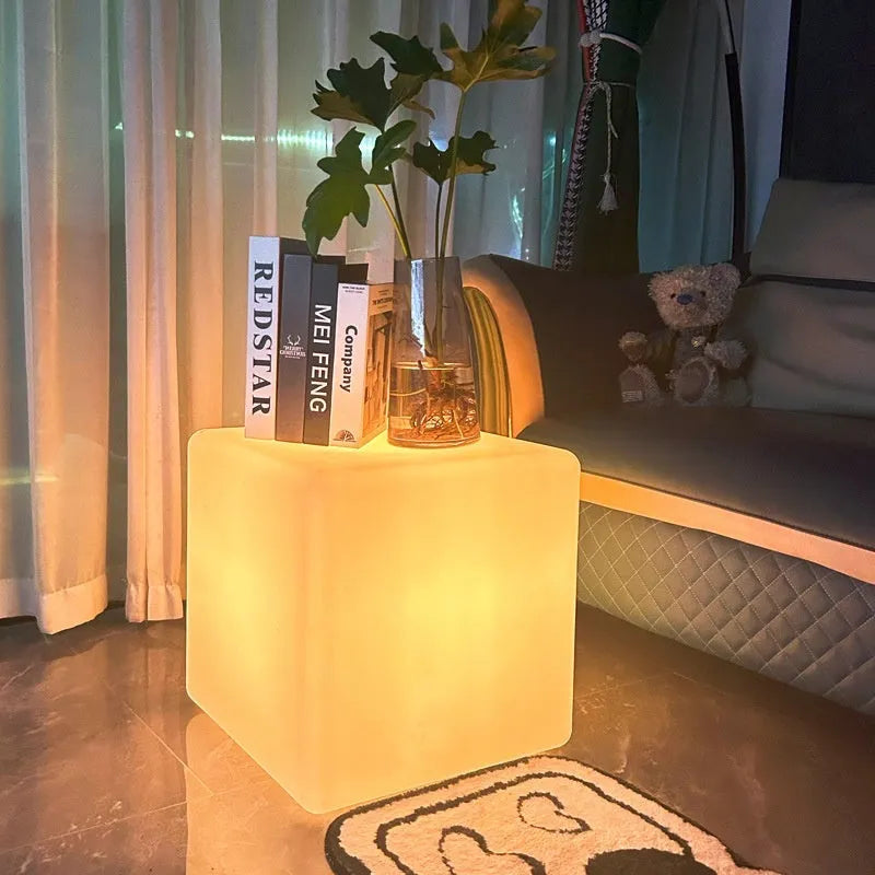 Modern square LED cube light for outdoor garden use, shown in various sizes.
