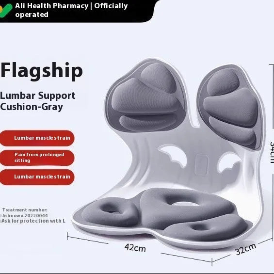 Grey lumbar support cushion with sponge filler for back comfort during extended sitting