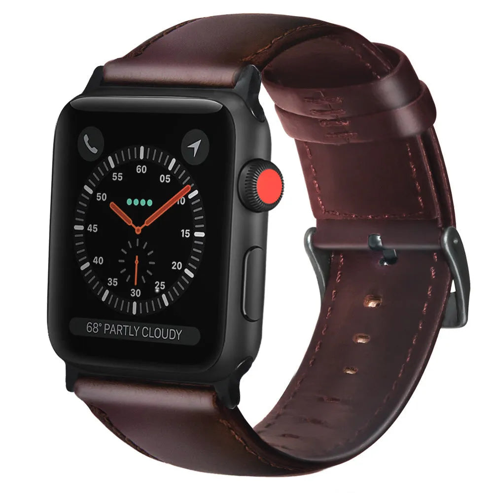 Top layer cowhide leather strap with oil wax finish for Apple Watch in black, 38-40mm width