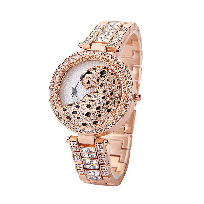 Women's quartz watch with three-dimensional diamond leopard-print dial, 39.5mm round alloy case, titanium case back, and alloy strap