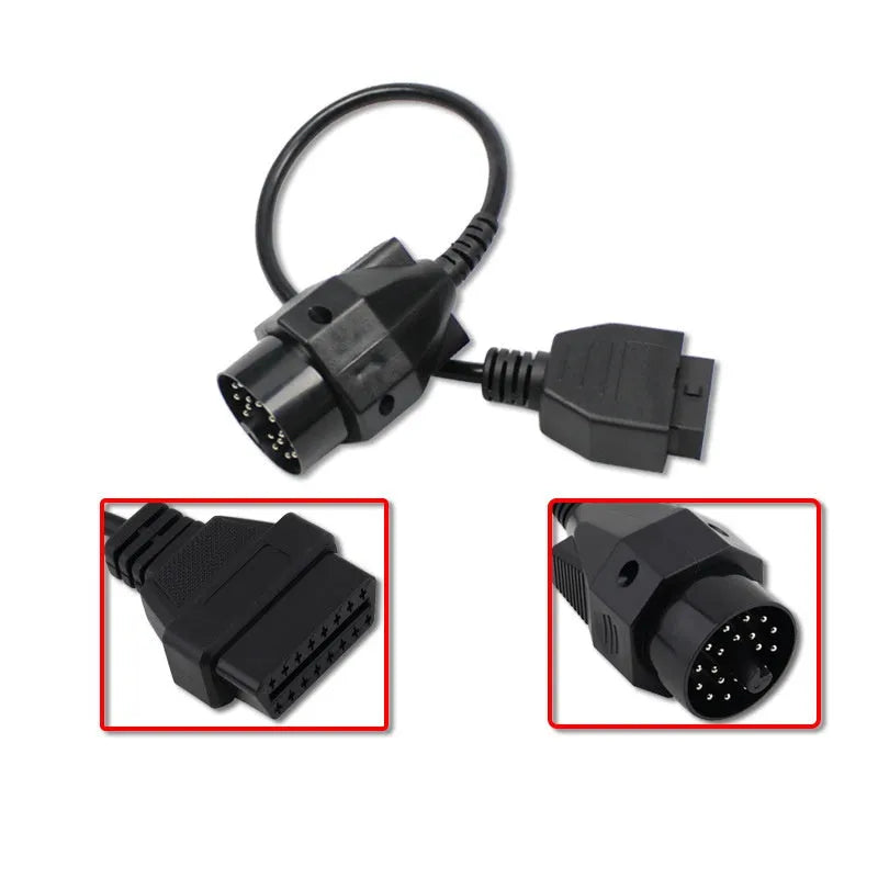 OBD2 adapter cable with a black BMW 20-pin plug and a standard 16-pin female OBD2 socket on the ends.