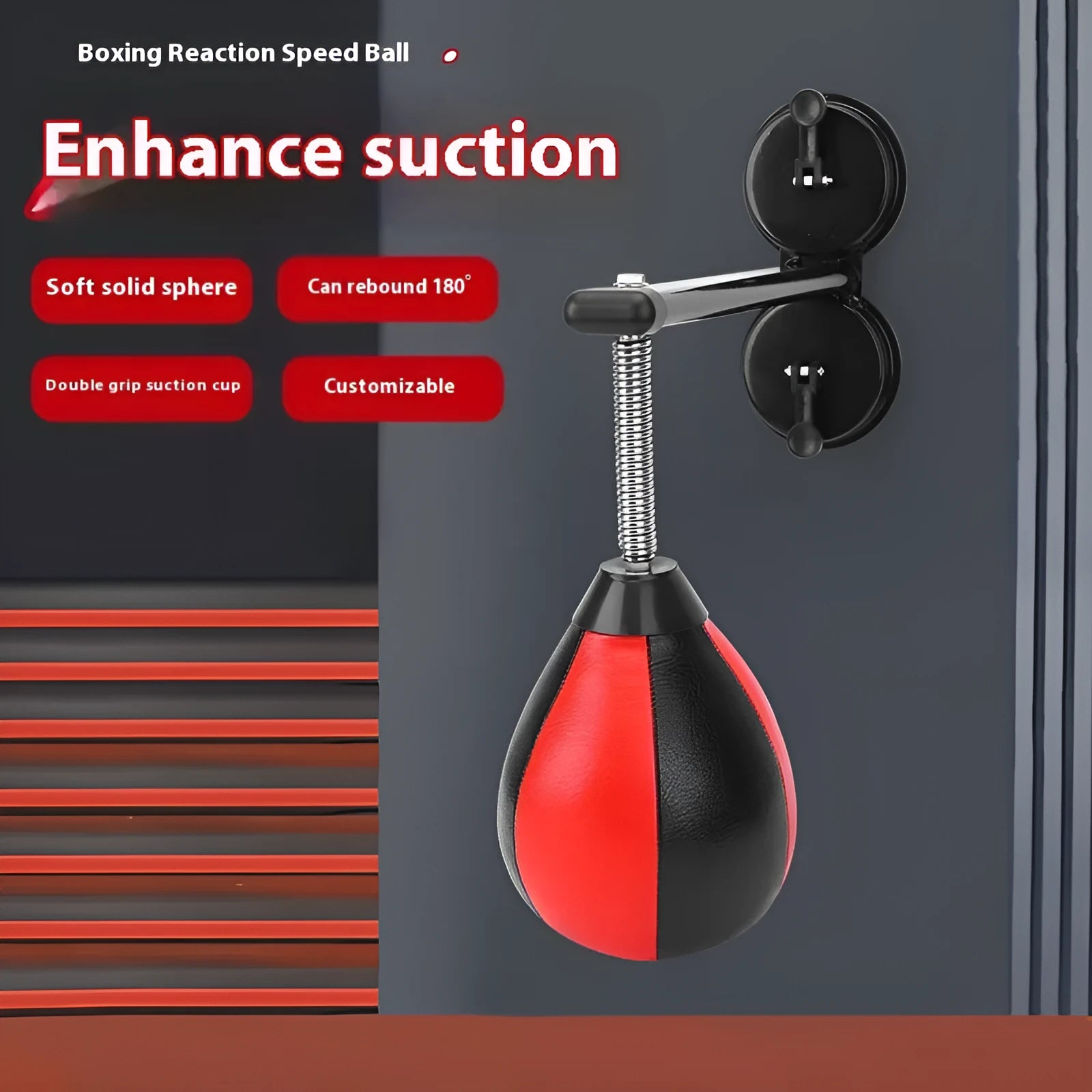 Pear-shaped inflatable hanging boxing ball with double suction cup mount, shown with pump and handle.
