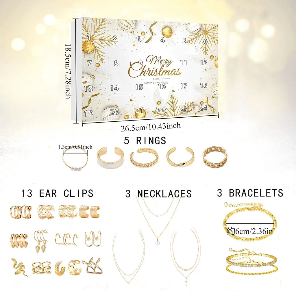 24-day Christmas countdown jewellery blind box in modern simple design, 27x19x3.5cm plastic lined colour printing corrugated box