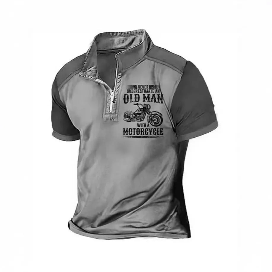 Men's casual lapel collar polo shirt with a digital letter print and short sleeves.