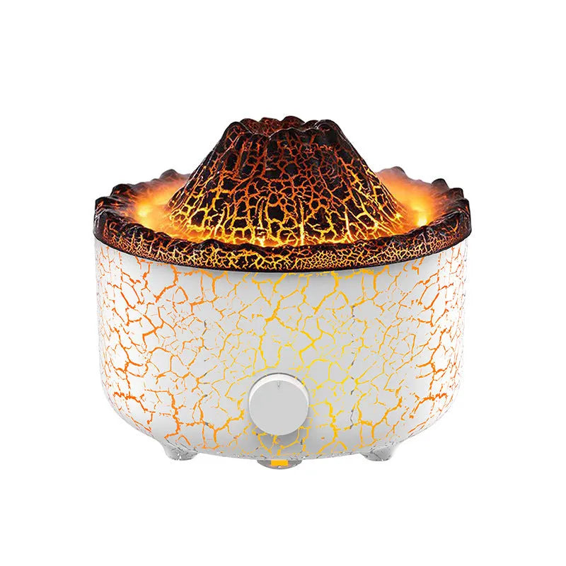 Volcano-shaped humidifier with LED flame effect emitting mist rings for atmospheric room enhancement