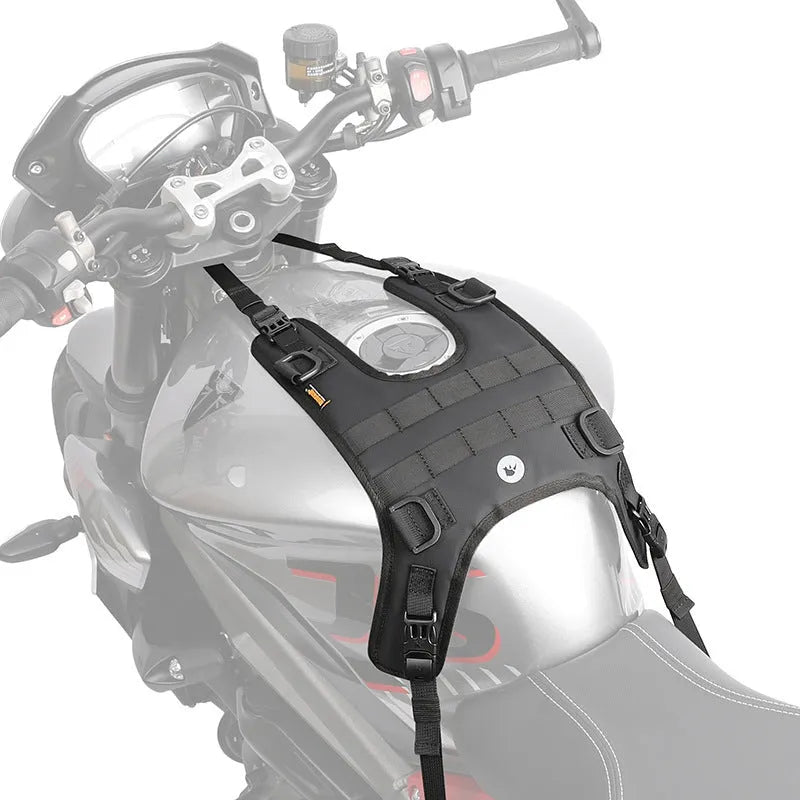 Polyester motorcycle fuel tank vest mount in MT001A colour with three black straps on a bike tank