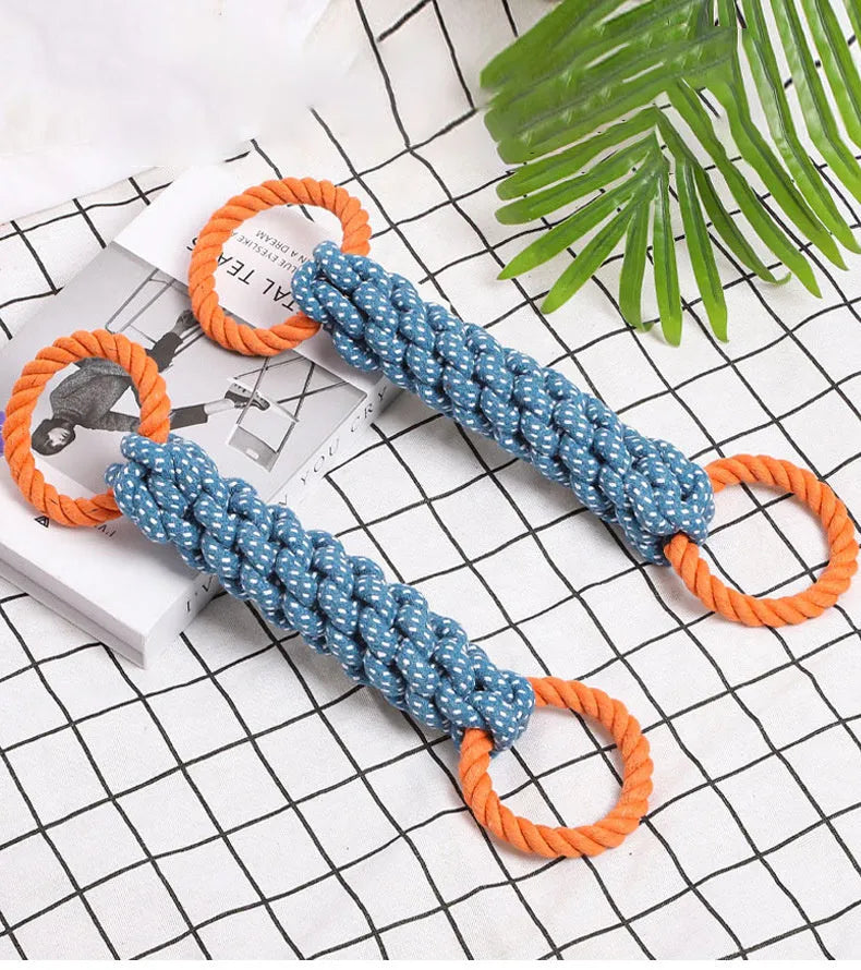 Blue cotton knot rope dog chew toy with double-ring braided bone design