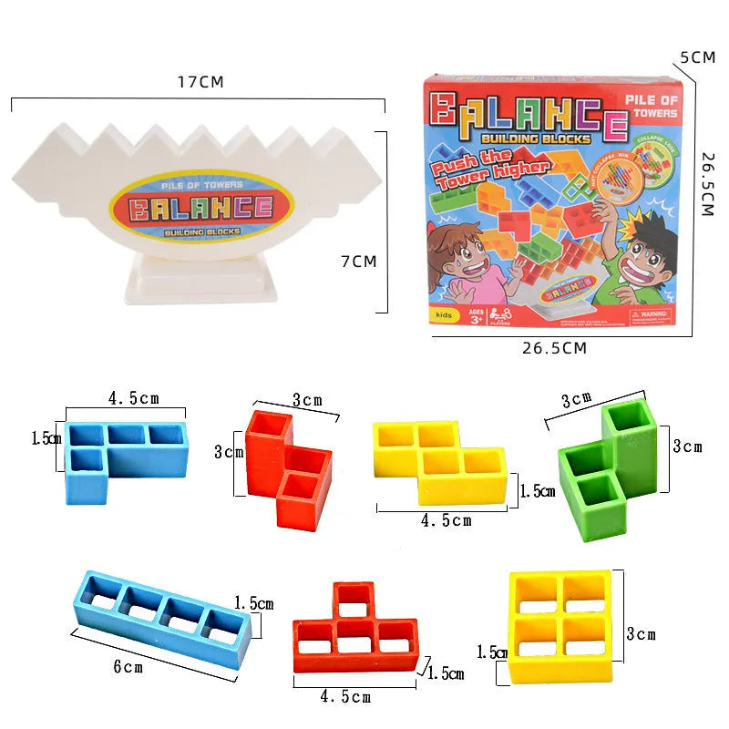 Plastic balance stacking game with coloured blocks, chassis and base for kids and adults