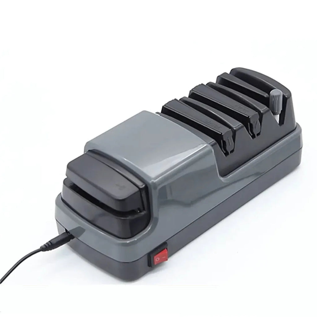 Gray multifunctional electric knife sharpener with diamond wheel and ceramic rod, 18W, 250 x 99 x 88mm