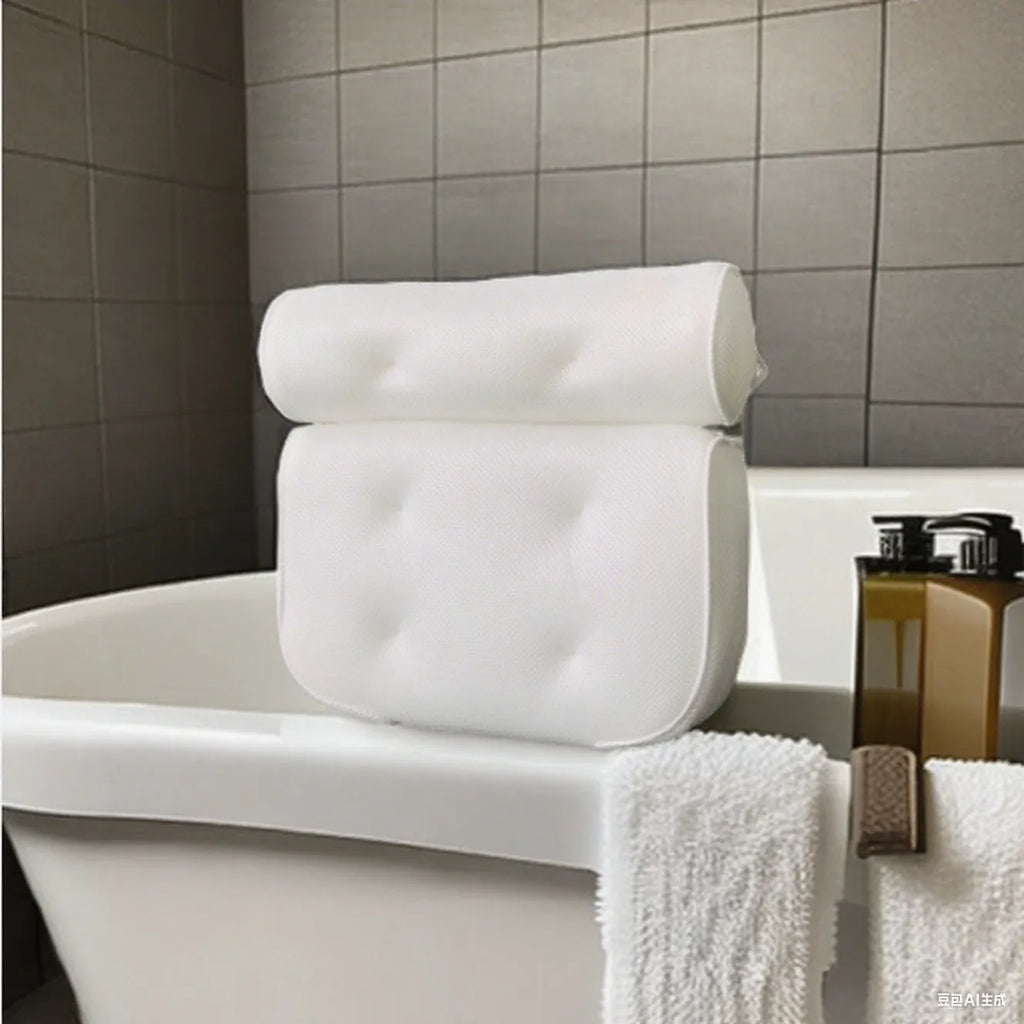 White 4D mesh bathtub pillow with 7 suction cups showing 3D breathable material construction