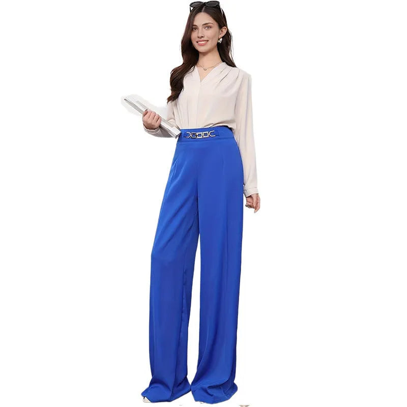 Solid colour drape wide leg pants for women in black, straight-leg style with micro elastic waist
