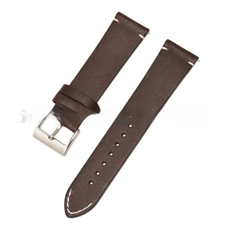 Leather watch strap with stainless steel pin buckle, 2mm thick, available in black, dark brown, light brown, and yellow
