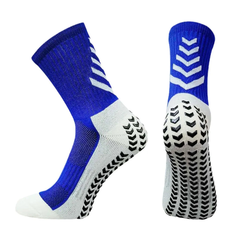 Men's patterned athletic sock in mid-calf length, showing non-slip silicone heel grip.