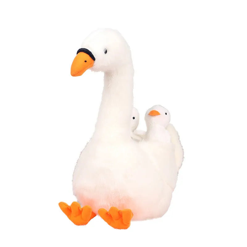 White plush mother and son goose doll 35cm tall on a plain background