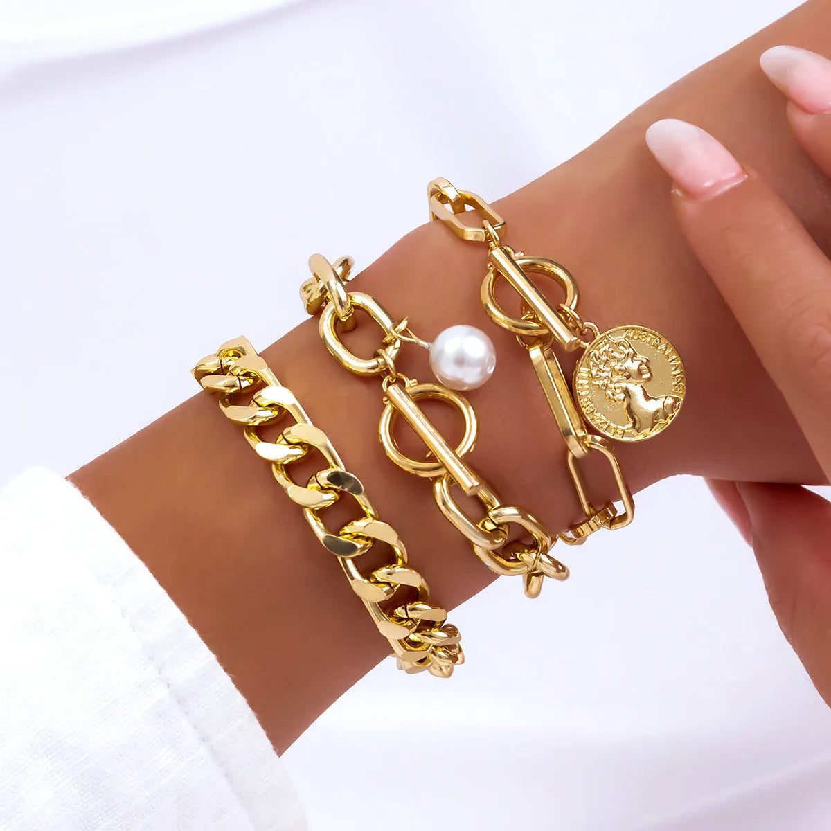 Retro pearl chain beaded bracelet electroplated alloy heart shape women's affordable luxury style