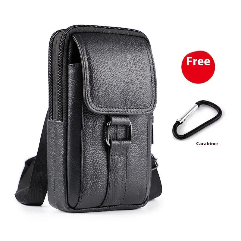 Black genuine leather men's waist bag with a lock, shown as a crossbody bag.