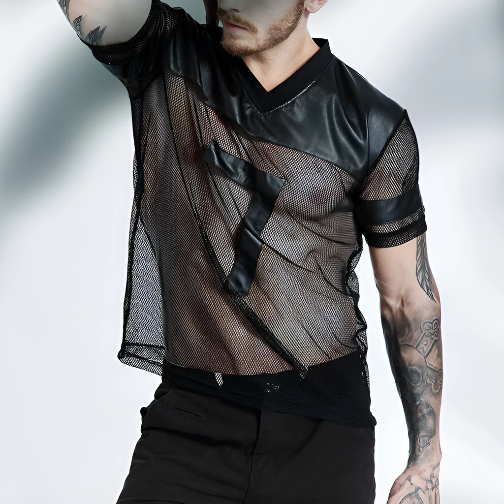 Black men's V-neck athletic t-shirt with stitching detail on the collar, made from polyester mesh fabric.