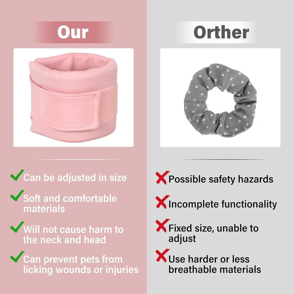 Grey and pink soft fabric recovery cone collars for cats and dogs in four different sizes.