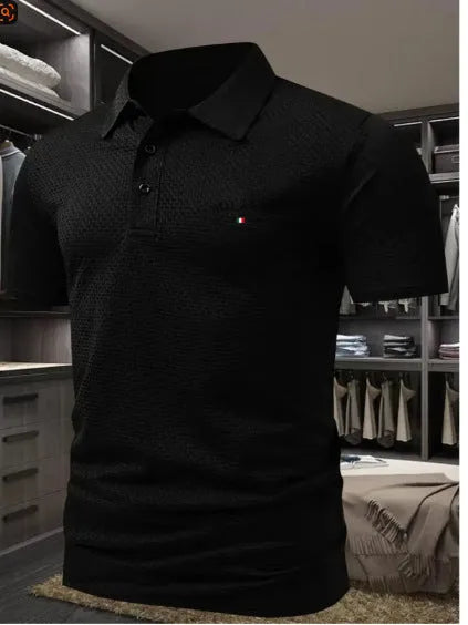 Men's loose fit short-sleeved lapel polo shirt in a solid colour on a model.