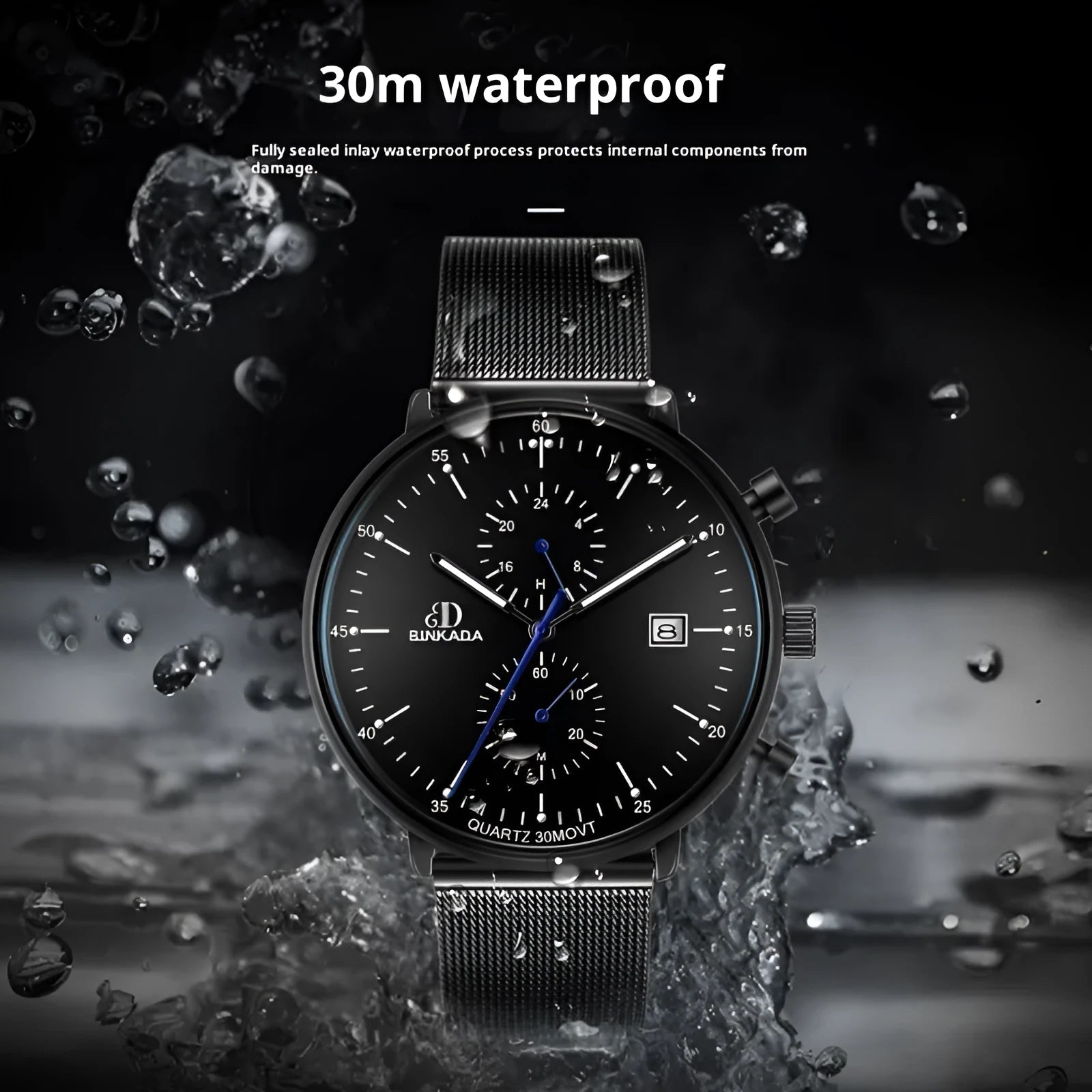 Men's luminous waterproof quartz watch with 40mm dial and black mesh belt on wrist