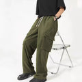 Multi-pocket corduroy-style cargo work pants in khaki, high waist with drawstring closure, stretch polyester fabric, five colour options