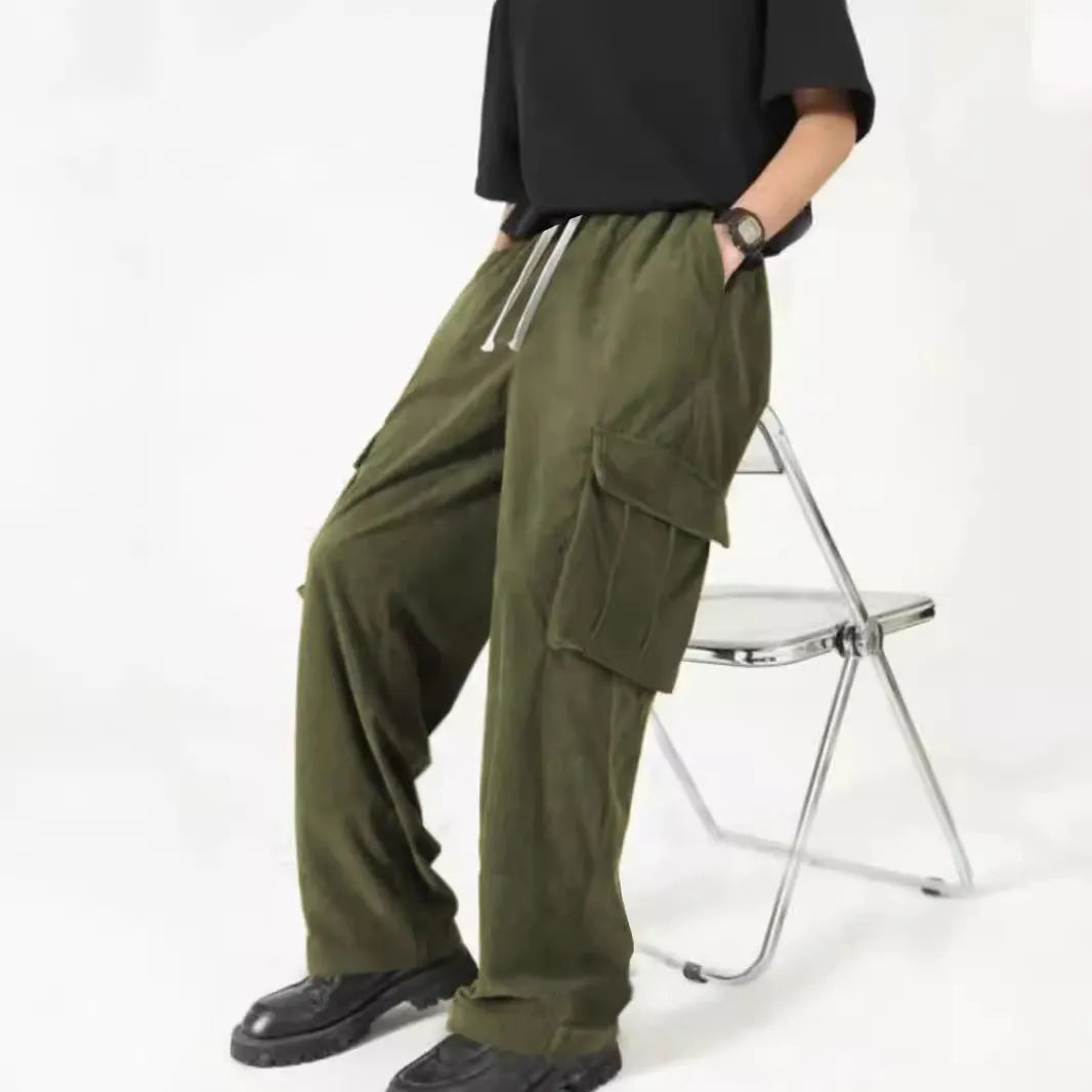 Multi-pocket corduroy-style cargo work pants in khaki, high waist with drawstring closure, stretch polyester fabric, five colour options