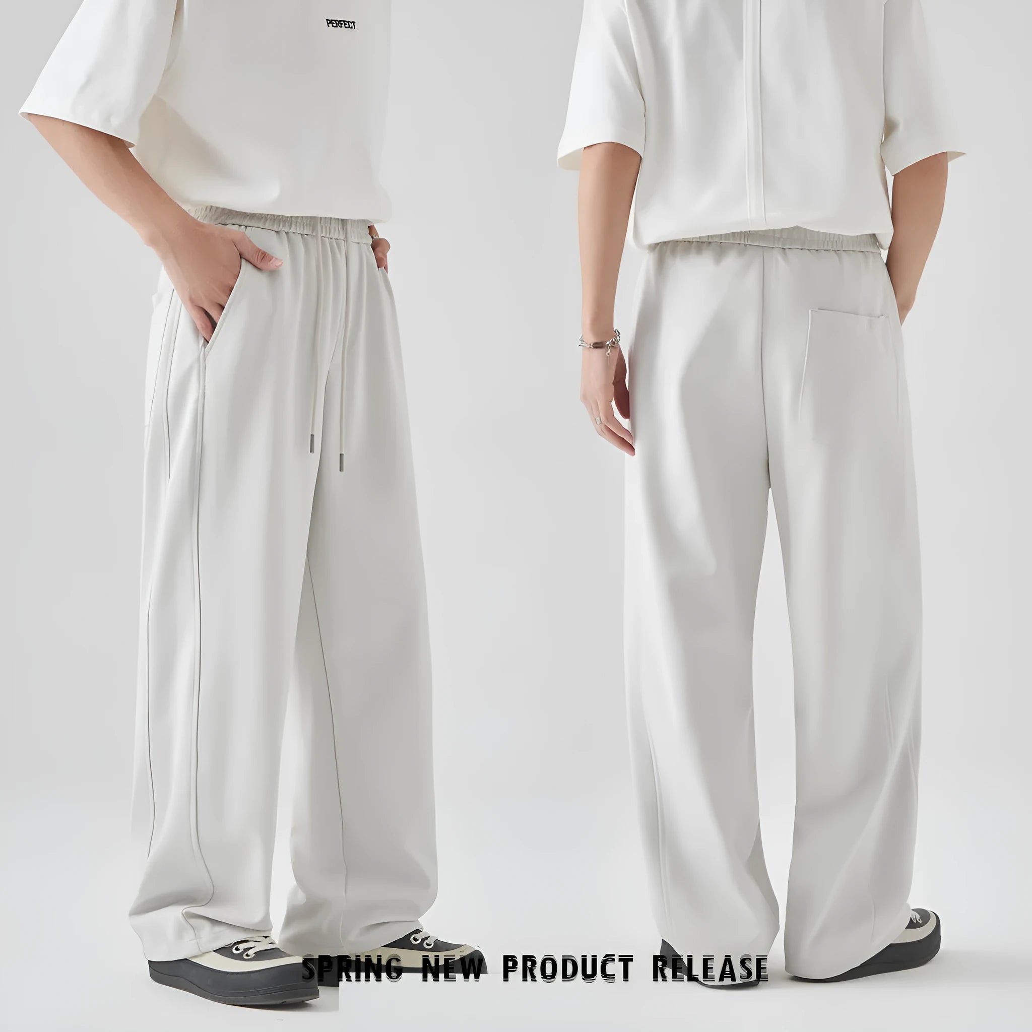 Men's cotton blend summer trousers in grey with high waist and lace-up drawstring