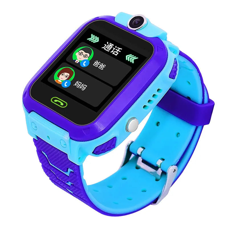 Blue waterproof children's smart watch with colour touch screen on a silicone strap.