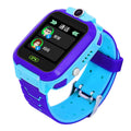 Blue waterproof children's smart watch with colour touch screen on a silicone strap.