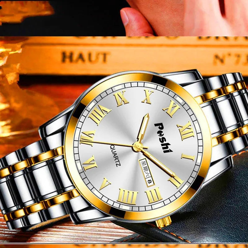 Men's quartz watch with stainless steel strap, double calendar, luminous dial, round alloy case, available in gold black blue silver