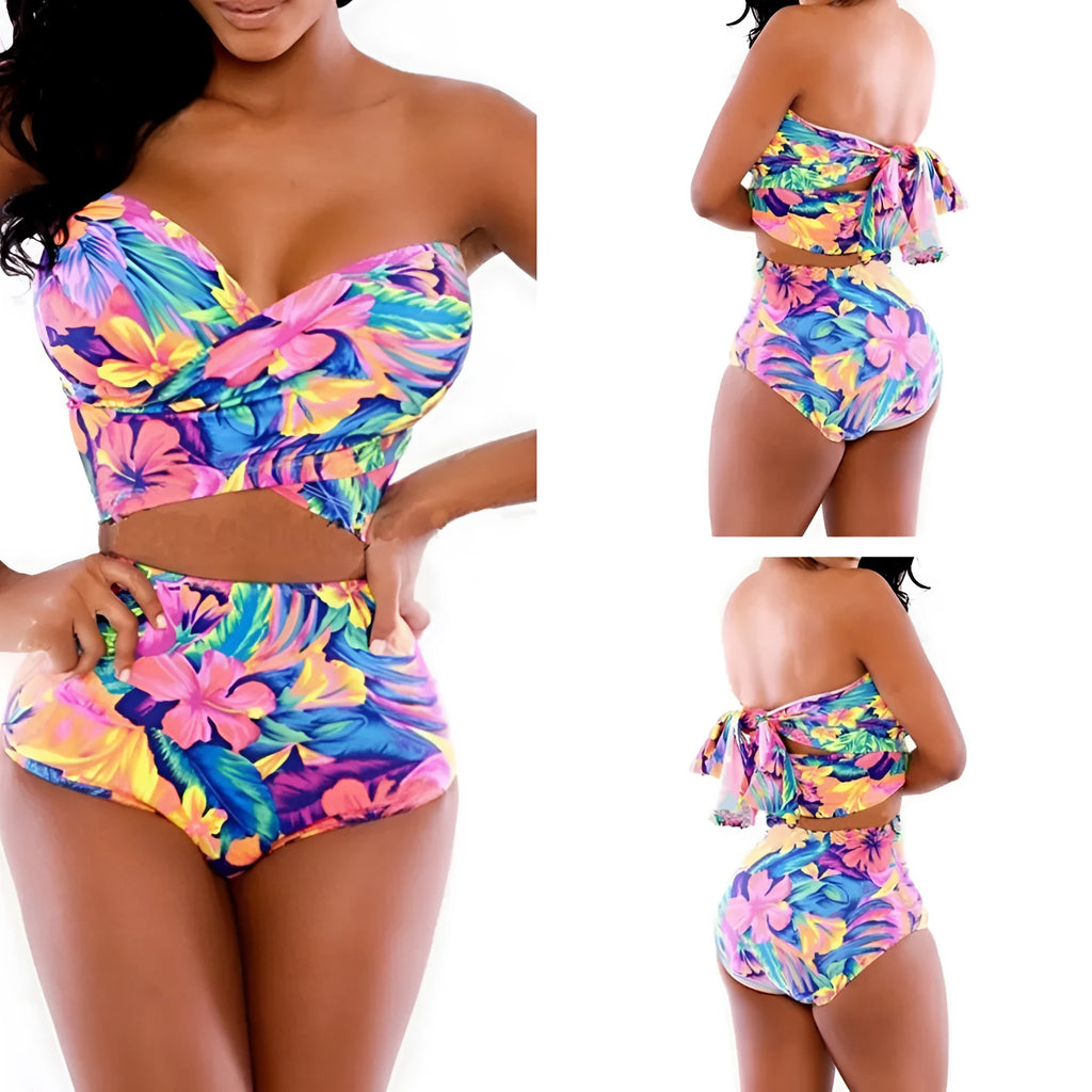 Red printed women's two-piece swimsuit with chest wrap style in polyester-spandex fabric