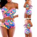 Red printed women's two-piece swimsuit with chest wrap style in polyester-spandex fabric