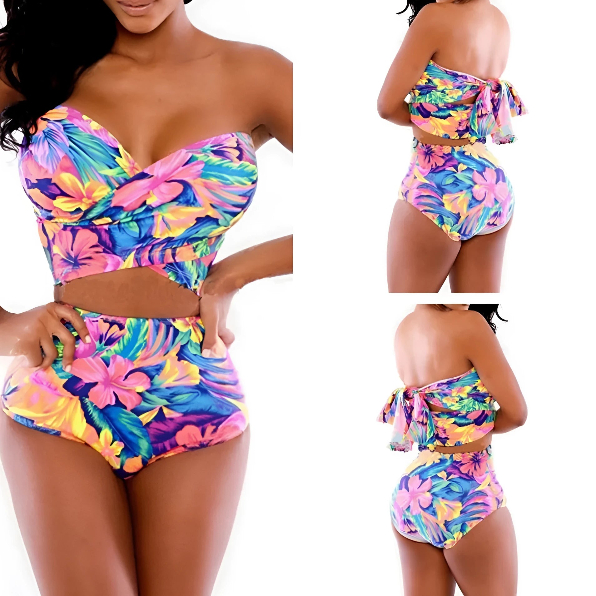 Red printed women's two-piece swimsuit with chest wrap style in polyester-spandex fabric
