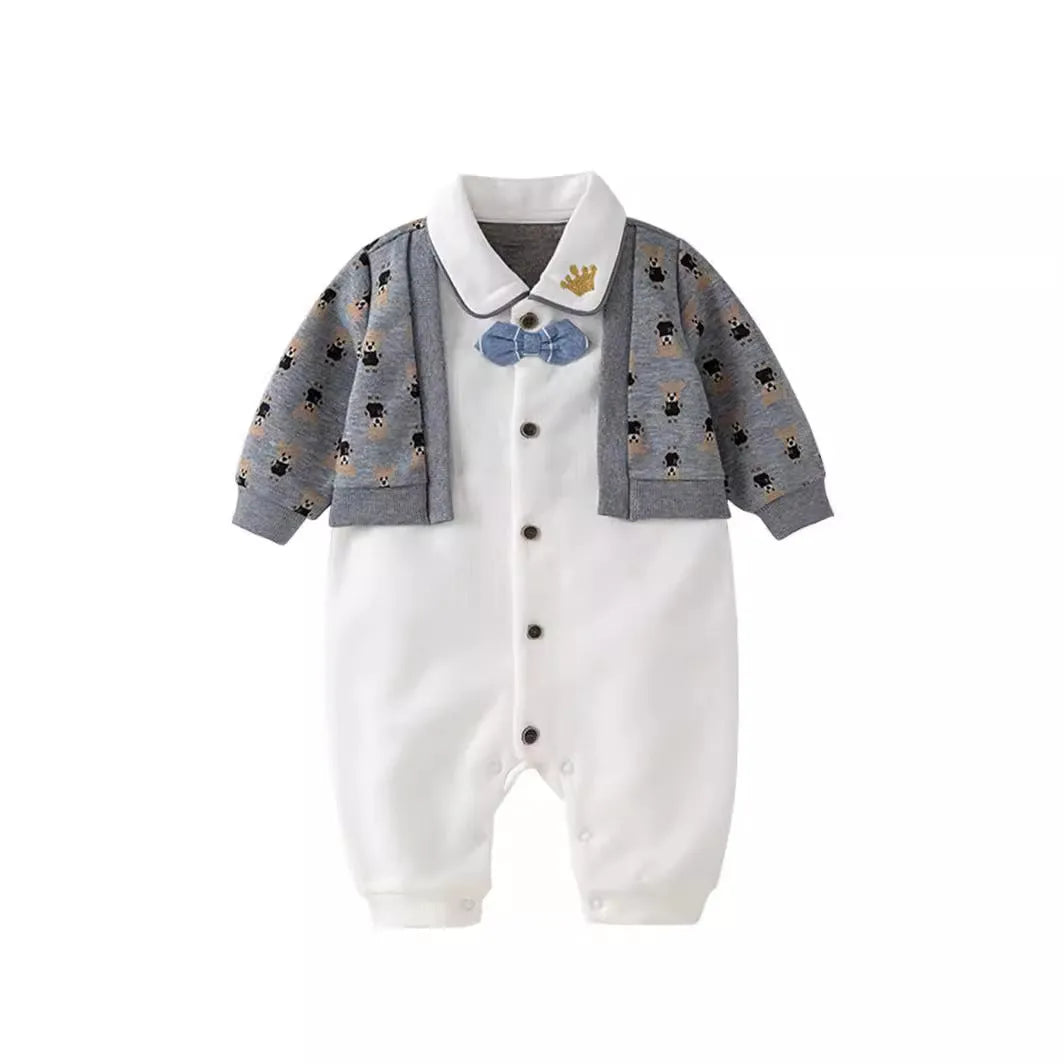 Cotton long-sleeve baby romper, cardigan fake two-piece, single-breasted, spring autumn, heights 66cm to 90cm