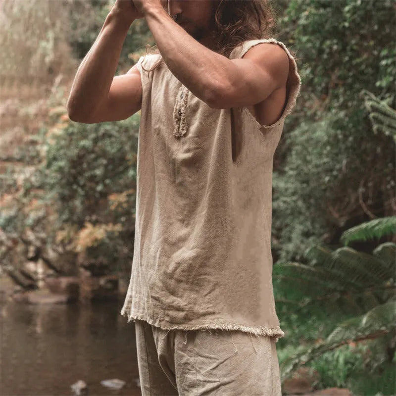 Men's solid colour linen loose fit casual vest with round hem, shown in neutral colour