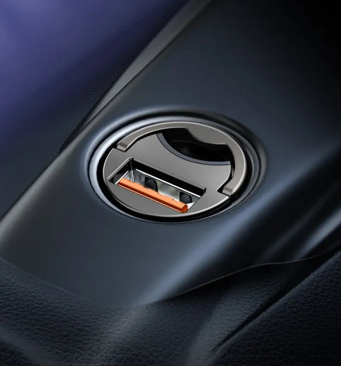 Baseus electro-optical grey 30W single USB car charger with 1 metre cable.