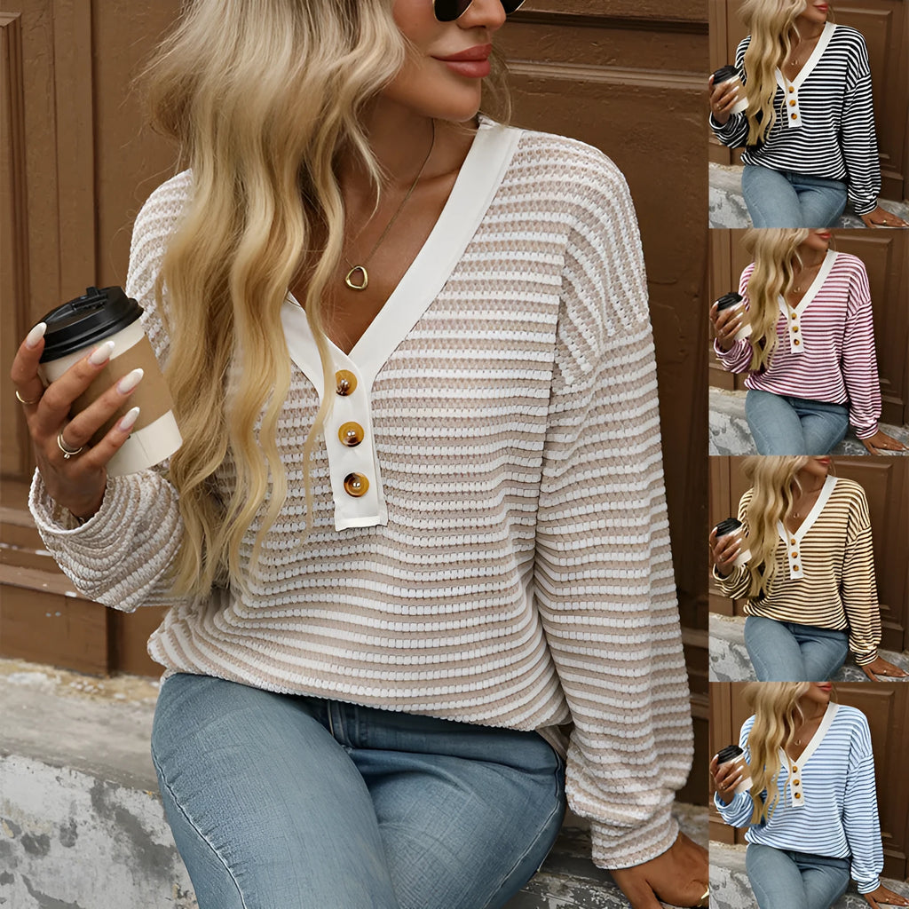 Women's loose fit V-neck pullover top with patchwork design on the front, in a wine red colour.