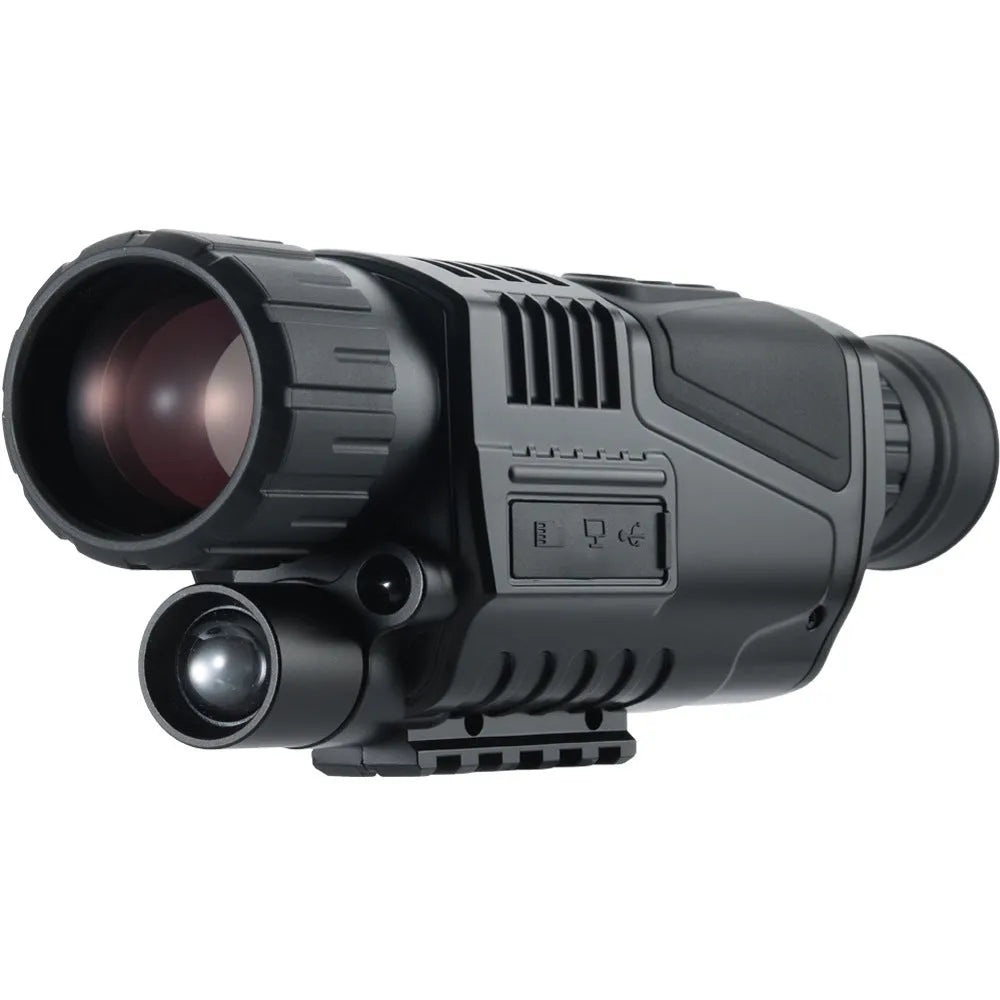 Black infrared digital night vision telescope with 40mm lens, rubber coating, and storage bag on a table.