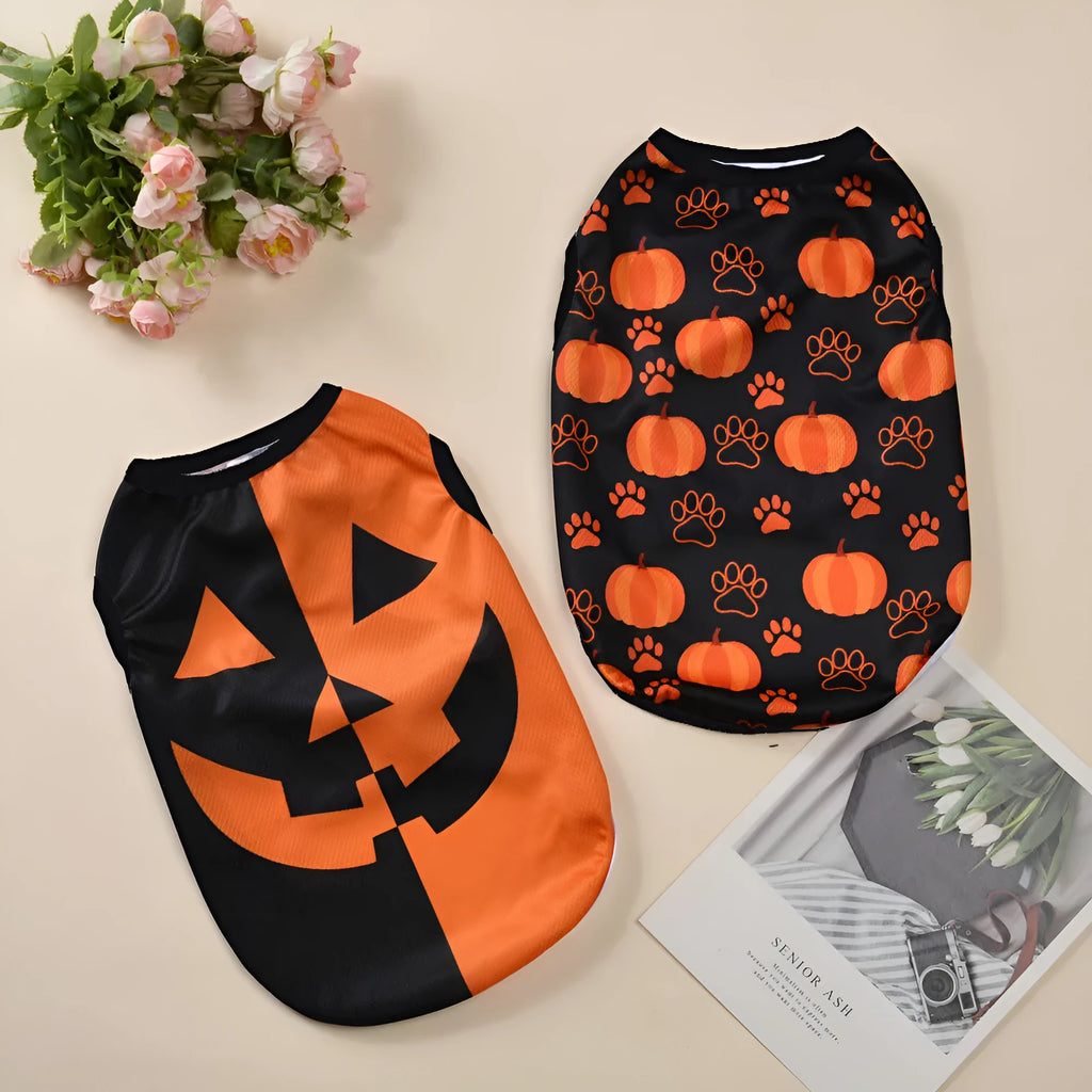 Halloween pet costume with pumpkin designs for dogs and cats in polyester material