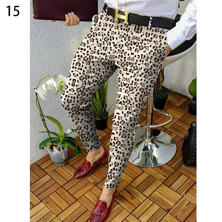 Men's slim-fit plaid casual trousers with 3D printed pattern and straight leg design