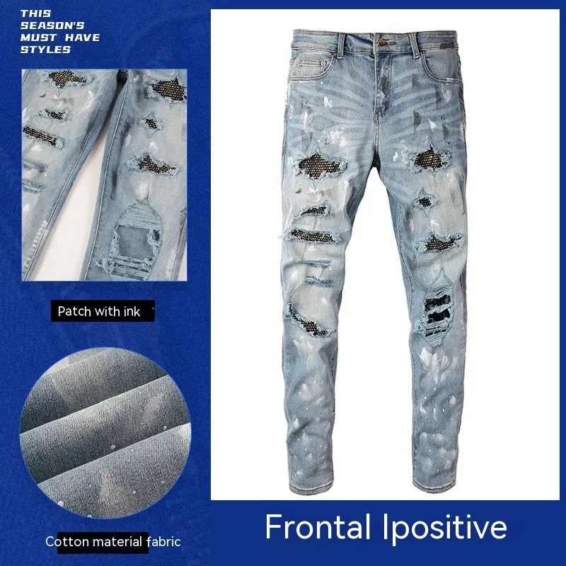 Men's stretch retro ripped diamond jeans in blue denim with diamond detailing