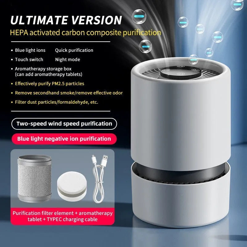 White desktop air purifier with USB power cable for formaldehyde and odour removal