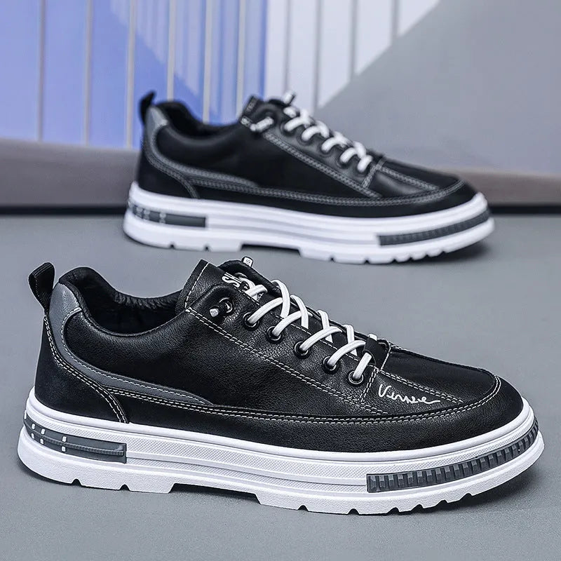 Men's black and white Korean-style low-top platform sneakers with elastic band closure and round toe.