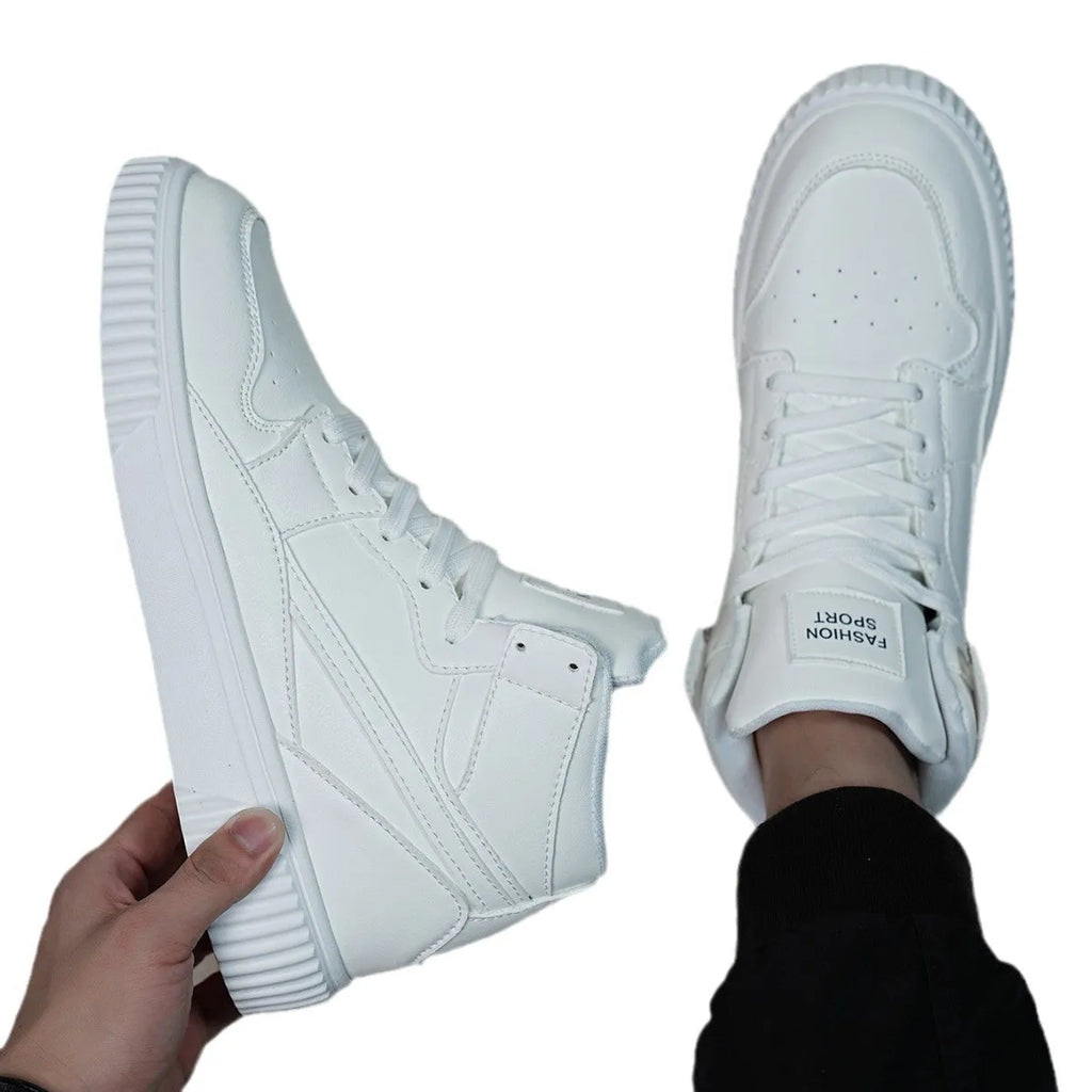 Men's white casual shoes with round toe and microfiber upper on a plain background.